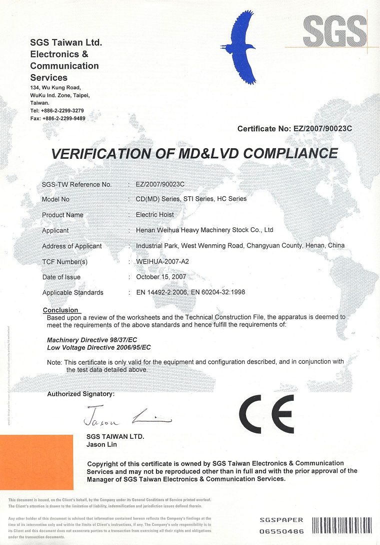 Electric Hoist CE Certificate