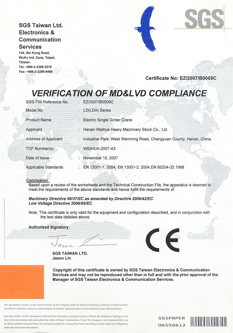 Single Girder CE Certificate